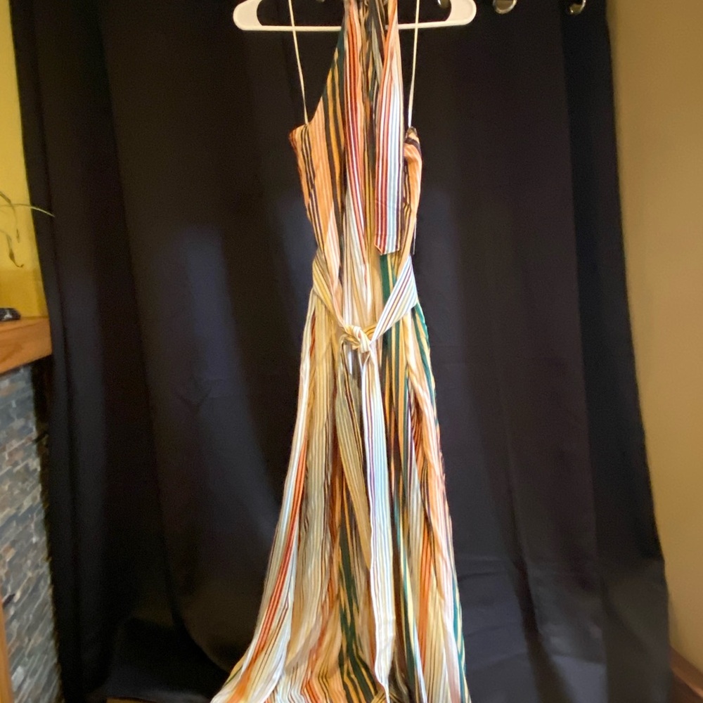 Eloquii White,Green, Gold, Apricot, Purple Striped Backless Halter Maxi Dress